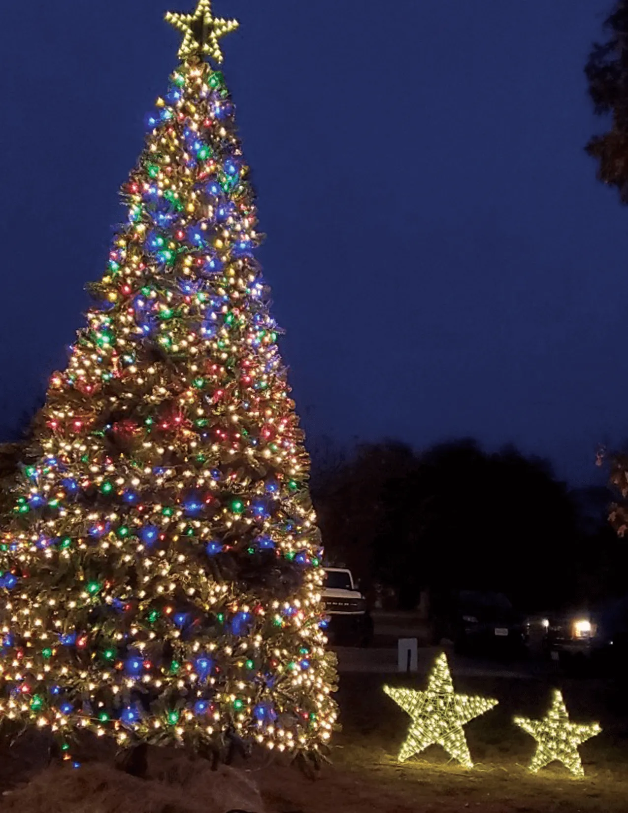 A tall Christmas tree with multicolored lights and a star topper stands at night beside two lit star decorations